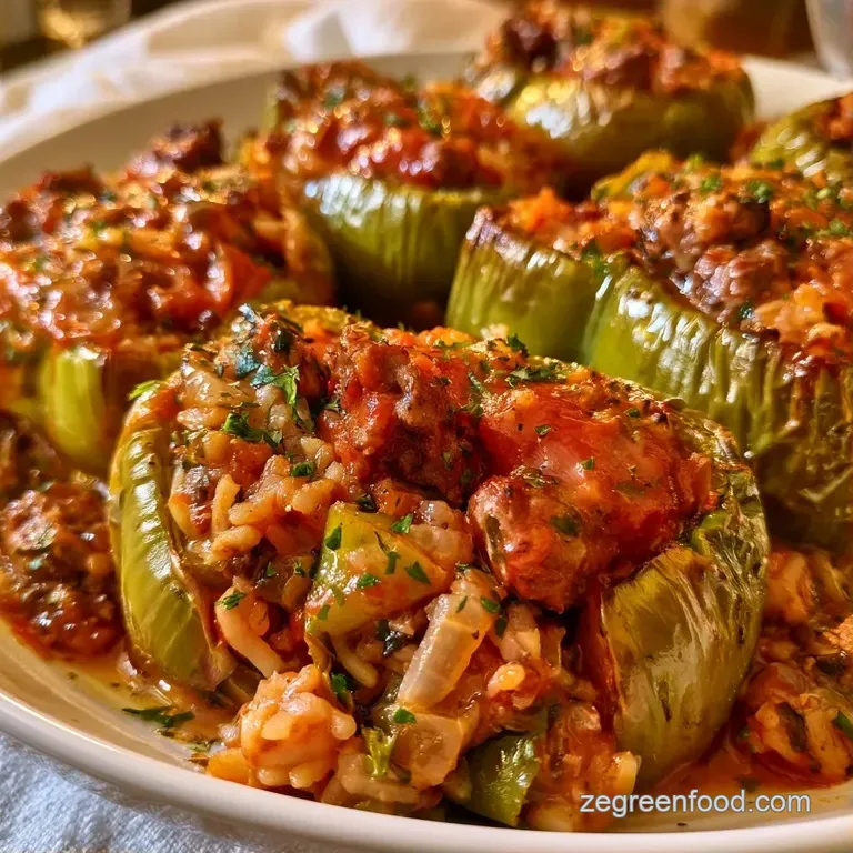 Vibrant green pepper filled with savory browned beef on a white plate, garnished with a sprig of fresh parsley.