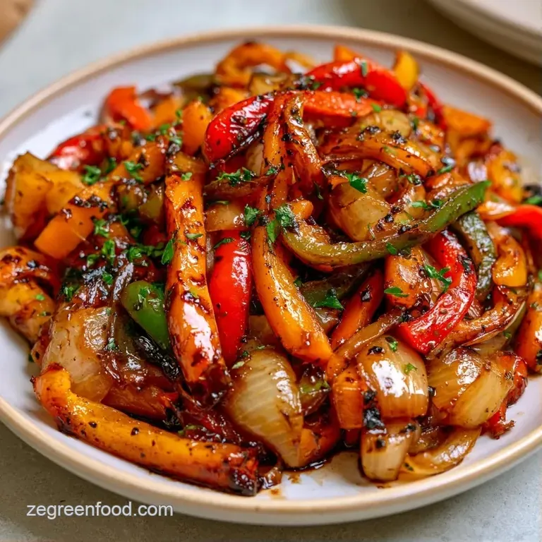Slices of glazed colorful peppers and translucent onions elegantly plated on a minimalist white ceramic dish.