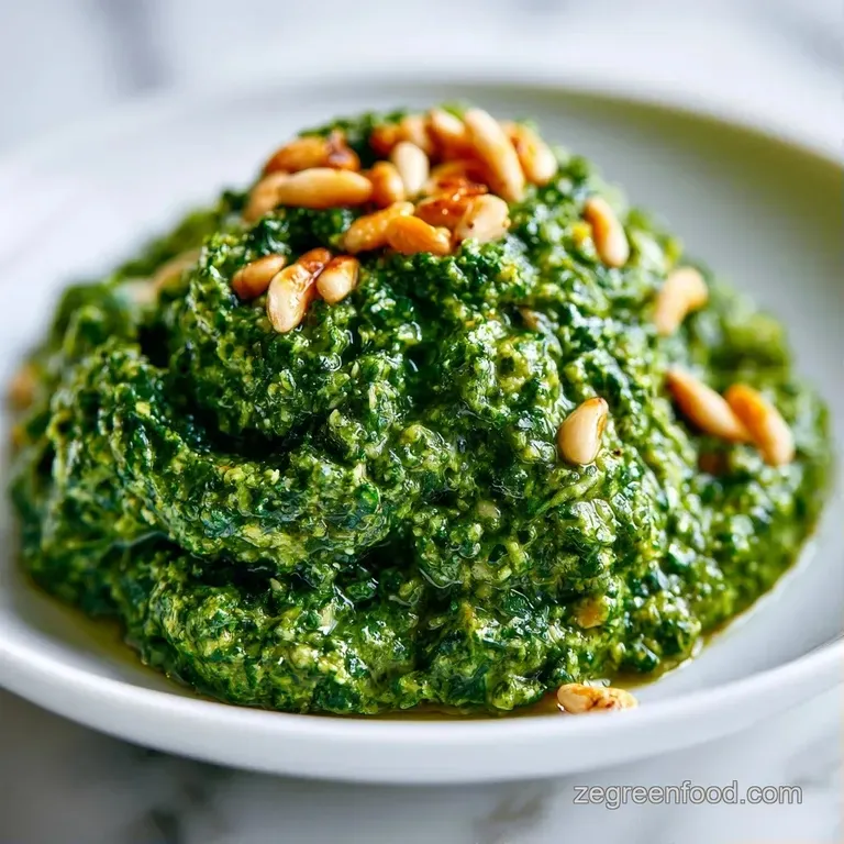 A rustic ceramic bowl of coarse green sauce beside a wooden spoon and scattered pine nuts on a marble surface.