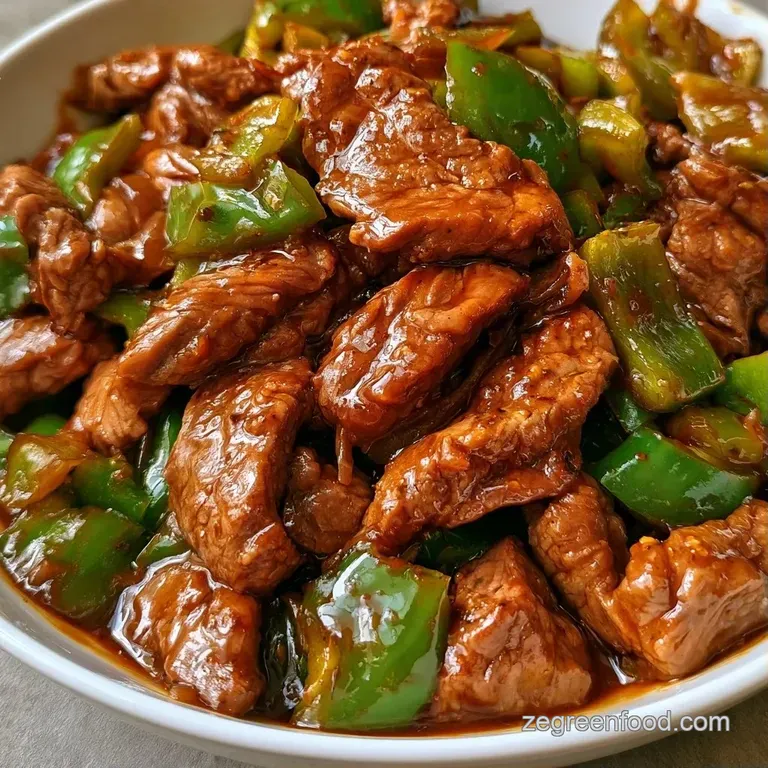 Tender strips of seared beef and crisp green bell peppers glistening in a savory dark sauce on a ceramic plate