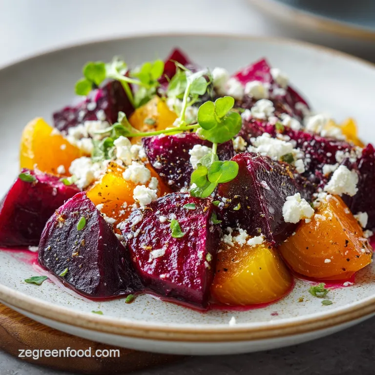 Plated beet salad with crumbled vegan feta, showcasing the beets' earthy tones against fresh greens and a tangy vinaigrett...