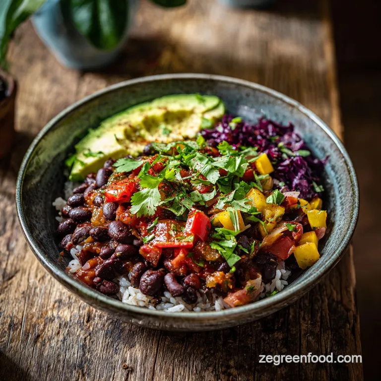Colorful black bean burrito bowl artfully arranged, creamy avocado slices fanned on top, vibrant salsa adding a pop of color.