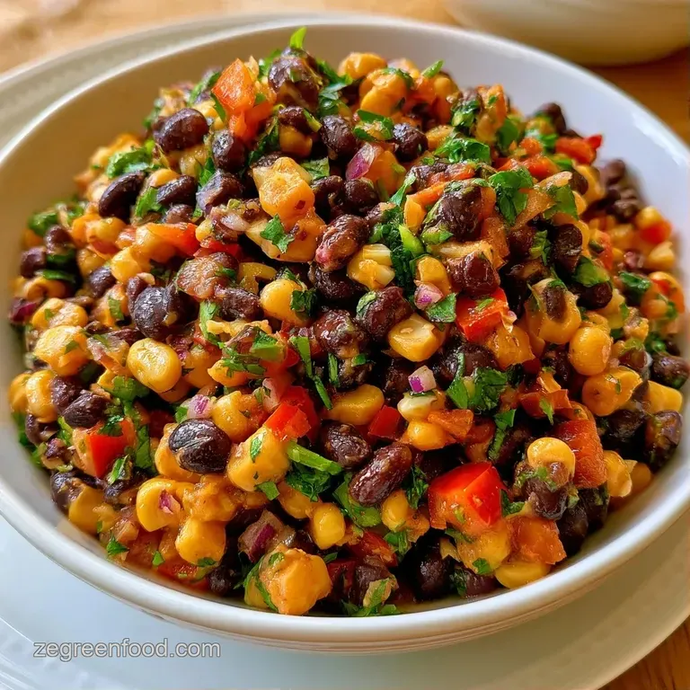 A vibrant medley of yellow corn and black beans served in a white ceramic bowl with fresh cilantro sprigs on top.