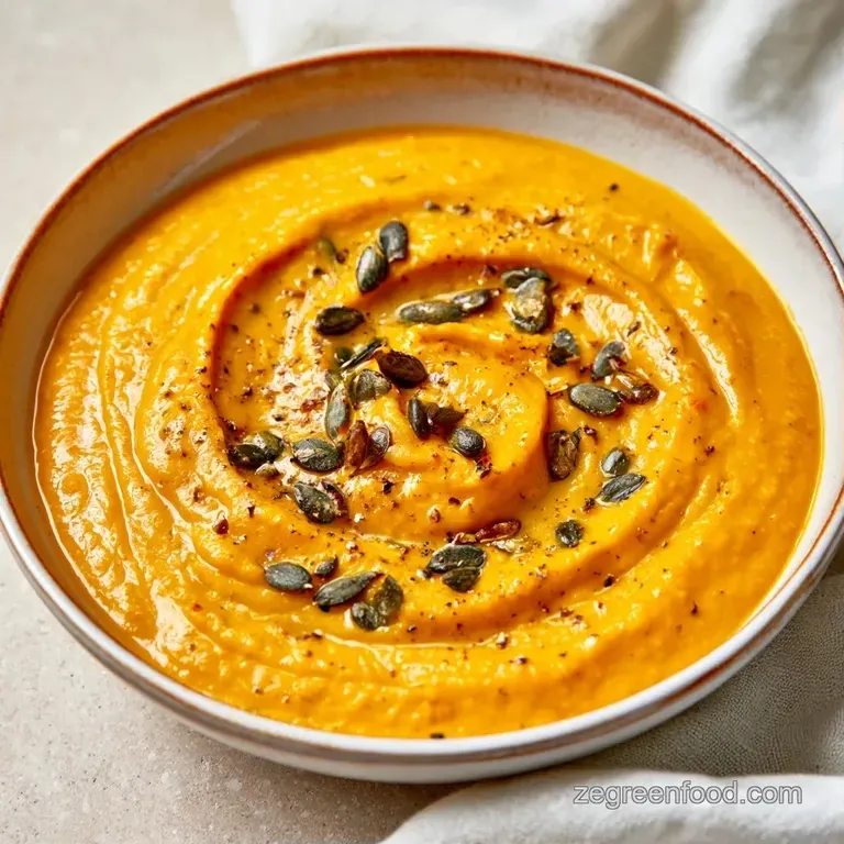 Creamy orange soup in a white ceramic bowl topped with a swirl of cream, toasted seeds, and fresh cilantro sprigs.