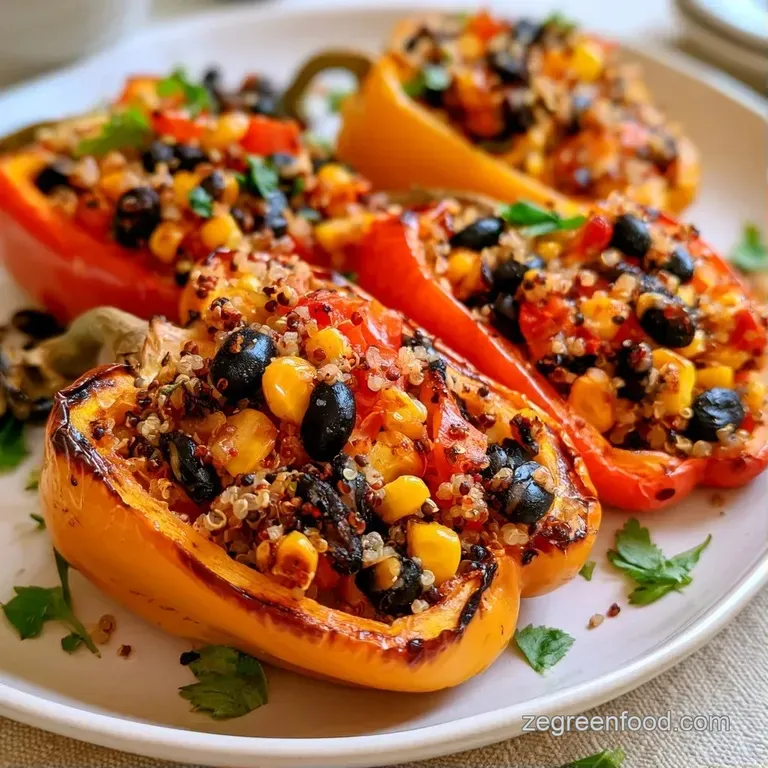 Colorful roasted peppers filled with hearty grains on a white ceramic plate, accented by a drizzle of lime crema.