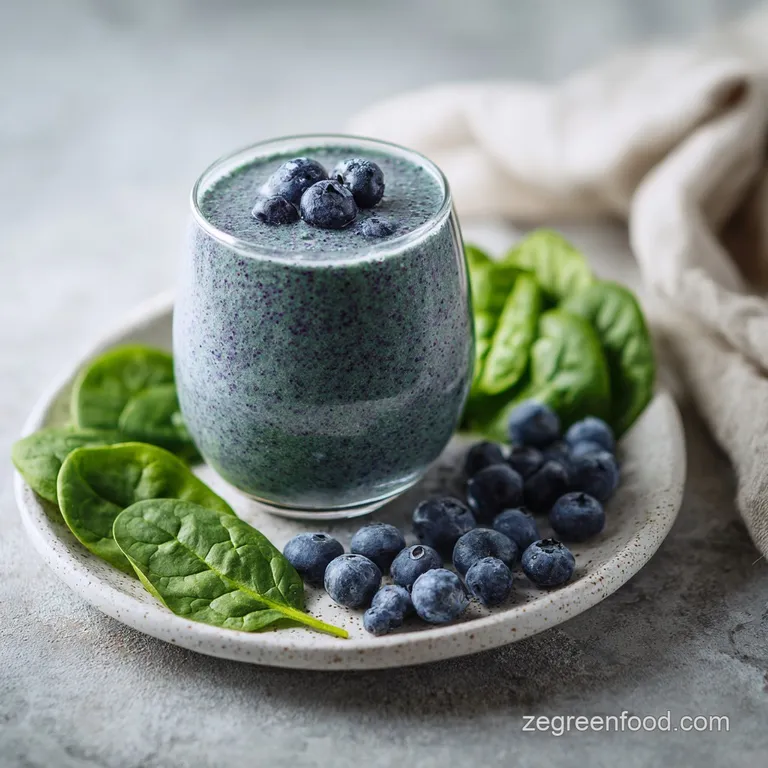 Tall glass filled with emerald smoothie, topped with fresh blueberries and spinach leaves, condensation clinging to the co...