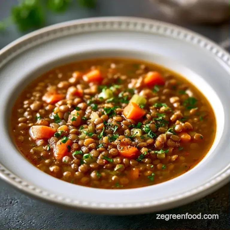 Thick, savory lentil stew in a white bowl topped with a swirl of cream and a sprinkle of fresh green parsley.