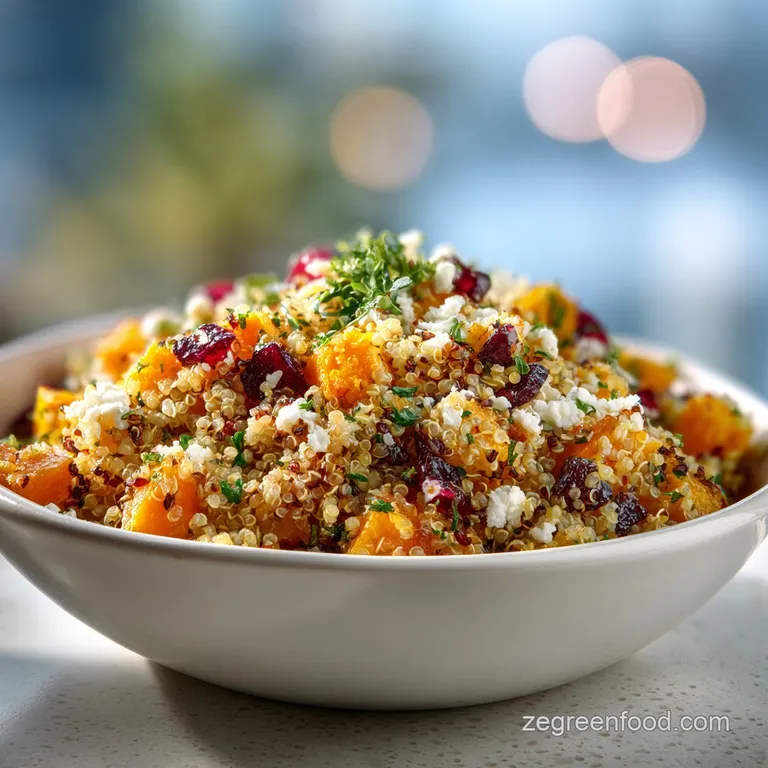 Perfectly plated quinoa salad showcasing golden roasted squash, jewel-toned cranberries, and a scattering of fresh herbs.