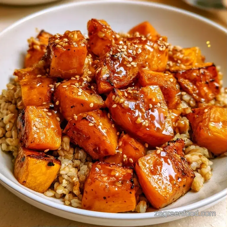 Vibrant bowl of roasted orange squash and earthy grains topped with toasted seeds and a creamy tahini drizzle.