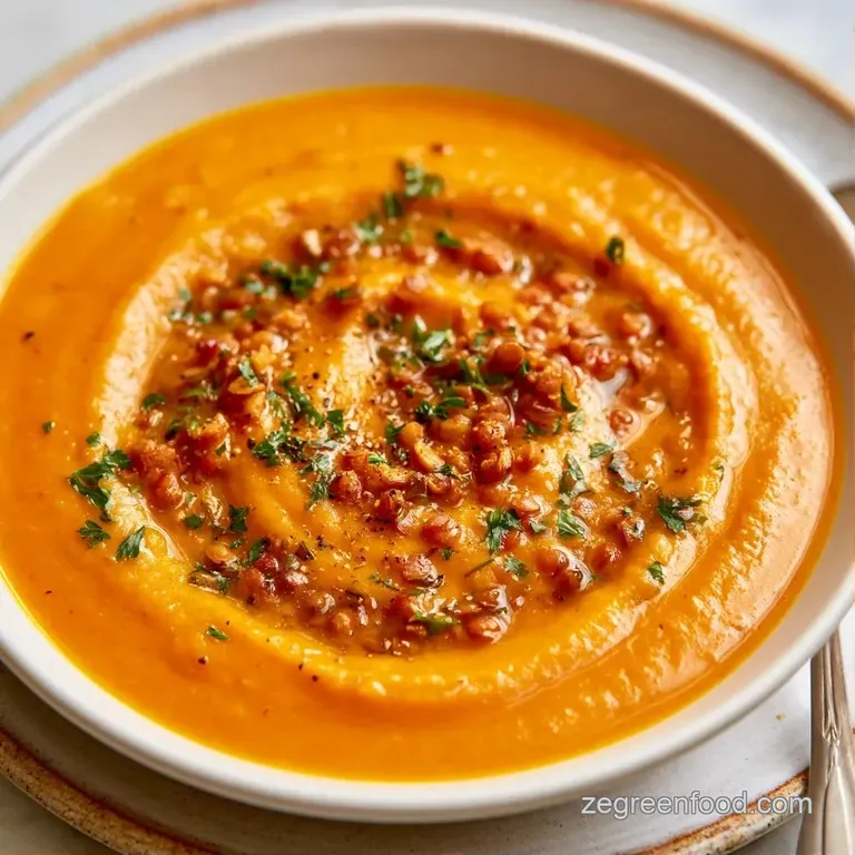 Vibrant orange soup garnished with a swirl of coconut cream and toasted pumpkin seeds in a rustic stoneware bowl.