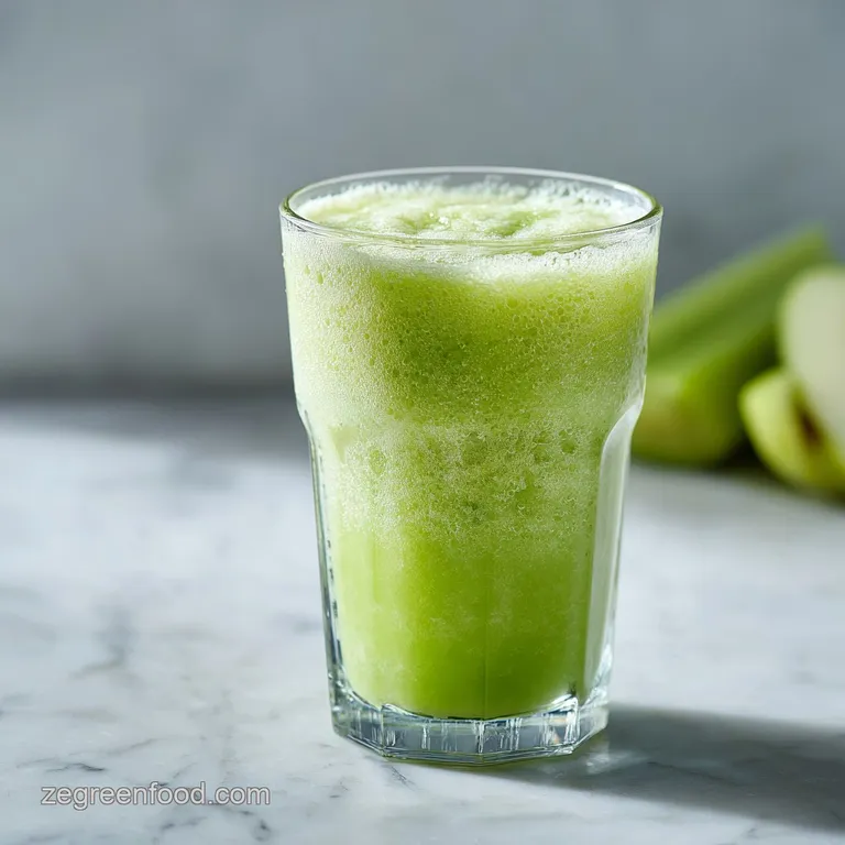 Tall glass of bright green smoothie with a frothy top, artfully garnished with a thin apple slice and crunchy celery rib.
