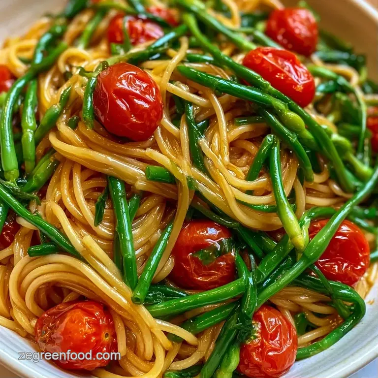 Al dente pasta swirled in a white bowl with burst red cherry tomatoes and vibrant green scapes, topped with parmesan.