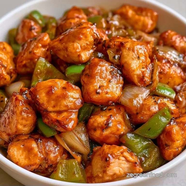 Tender chicken and bright green peppers piled high on fluffy white rice, garnished with toasted sesame seeds.