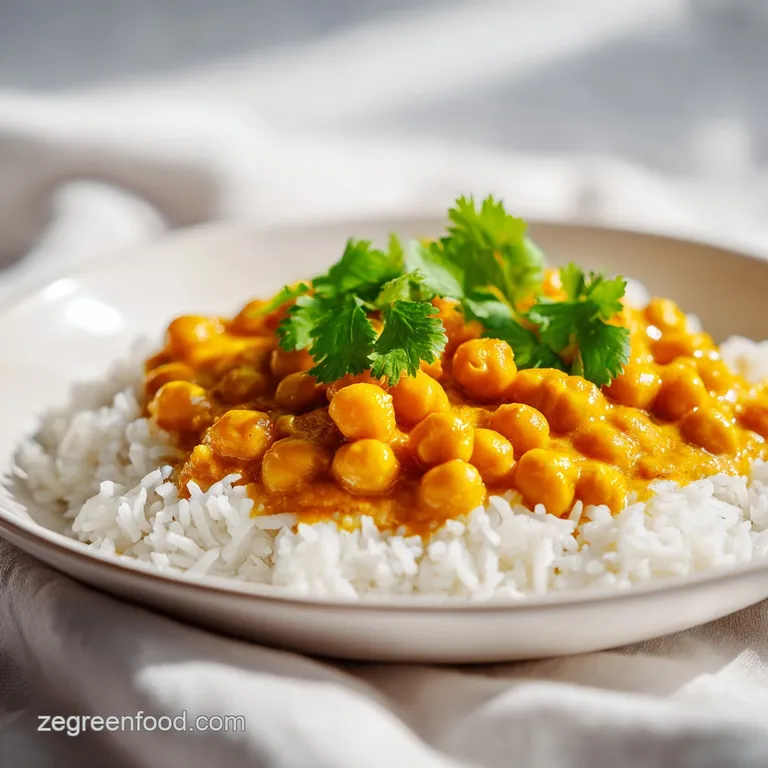 Silky golden curry with tender chickpeas served over fluffy white rice in a ceramic bowl with fresh herb garnishes.