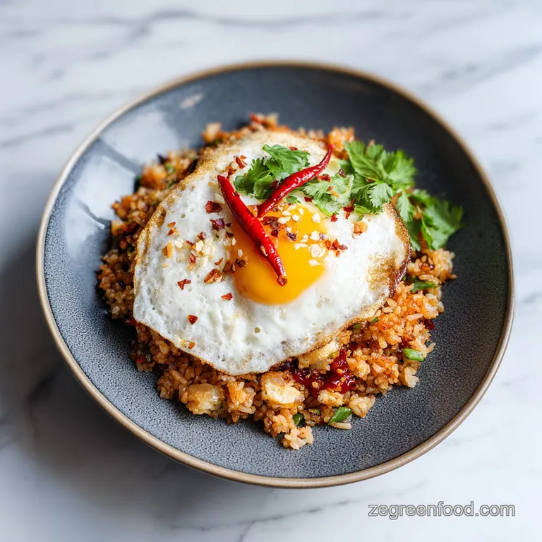 Crispy fried rice piled high, glistening with chili oil and topped with a perfectly fried egg and cilantro.