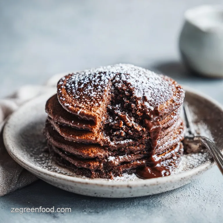 Golden brown pancakes elegantly stacked, topped with fresh berries and a dollop of cream.
