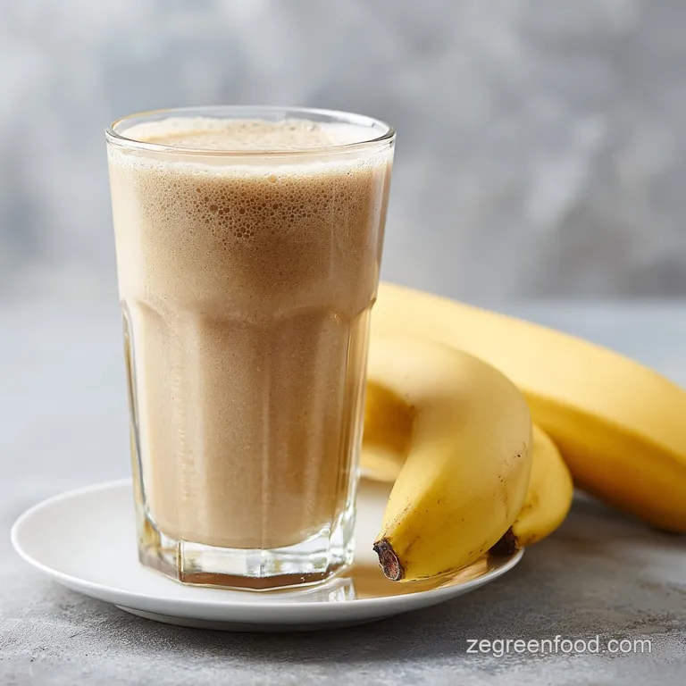 Tall glass filled with frothy beige smoothie. Topped with whipped cream, chocolate shavings, and a banana wedge, presented...
