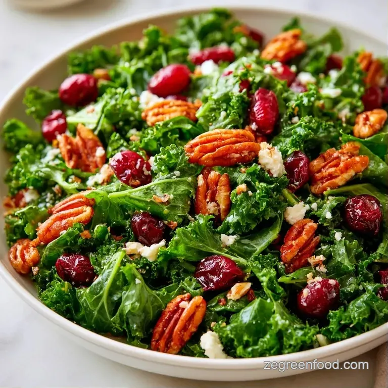 Dark green curly kale tossed with ruby red berries and white feta crumbles served in a white ceramic salad bowl.