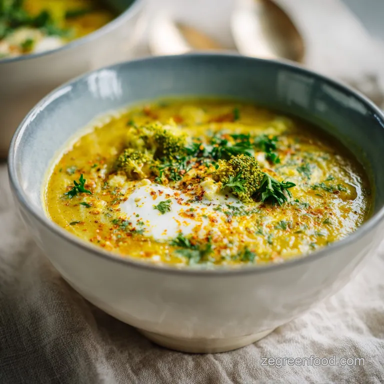 A swirl of bright white cream tops a generous bowl of velvety, warm broccoli and lentil soup.
