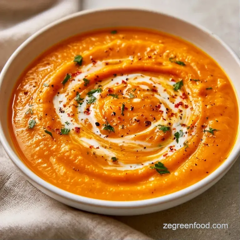 Vibrant orange puree in a white bowl, garnished with a swirl of cream, microgreens, and toasted pepitas.