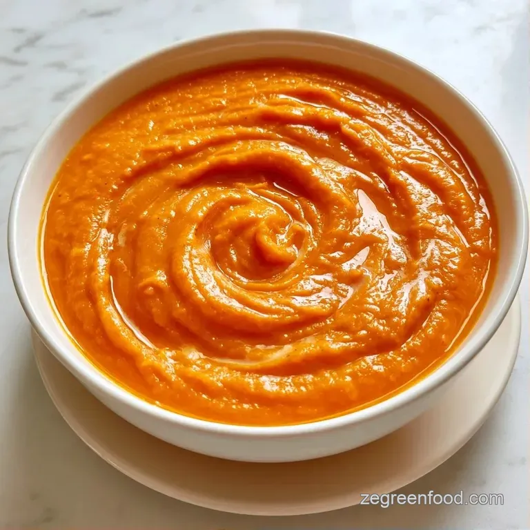 Smooth orange soup served in a modern white bowl with a swirl of cr&egrave;me fra&icirc;che and a side of crusty toasted bread.
