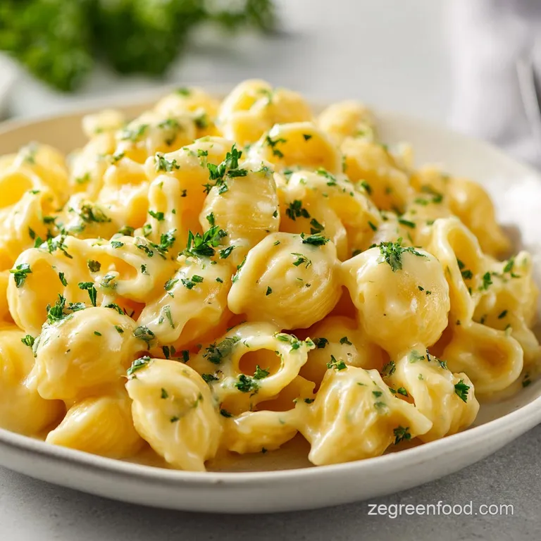 Elegant plate of vegan mac and cheese topped with fresh herbs and a sprinkle of red pepper flakes. Smooth, cheesy, and vib...