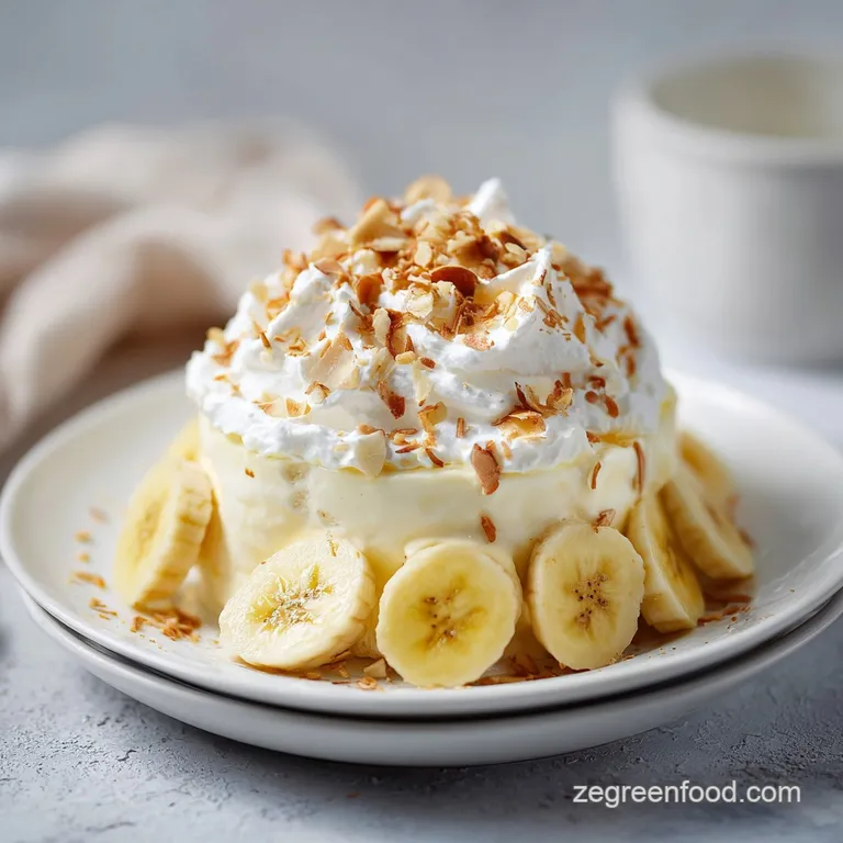 A chilled serving of vegan banana pudding in a glass dish, adorned with delicate whipped cream.