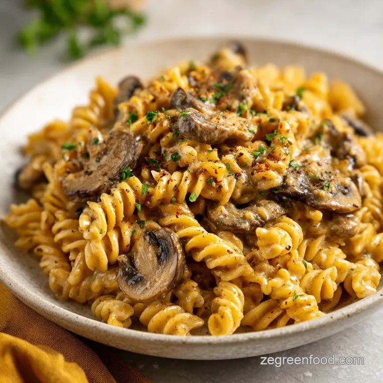A single serving of mushroom stroganoff, plated elegantly, glistens under warm light. Fresh parsley adds a vibrant green c...