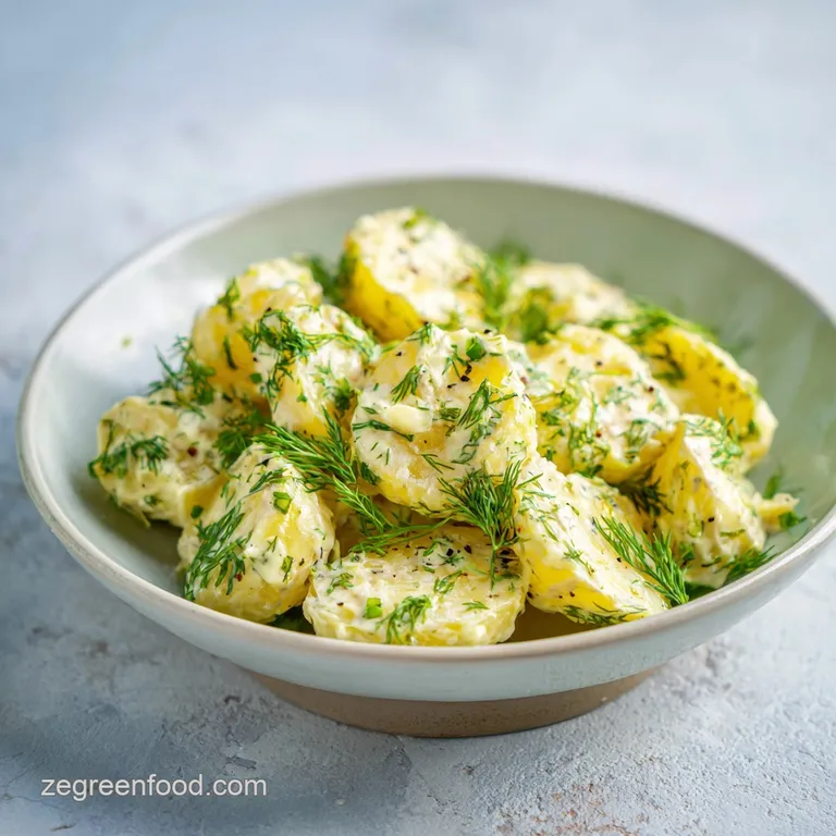 Elegant scoop of creamy potato salad with fresh dill sprig, served on a crisp lettuce leaf on a white plate, ready to eat.