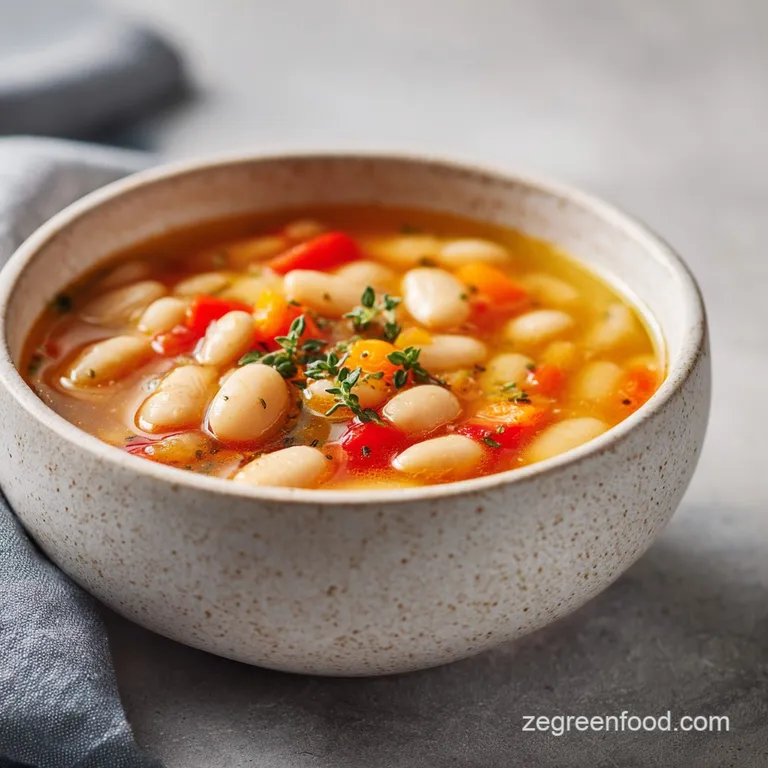 A steaming bowl of smooth white bean soup, garnished with crunchy croutons and vibrant green herbs.