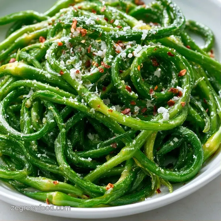 Twisted green stalks with charred edges arranged neatly on a slate plate, accented by a sprinkle of flaky sea salt.