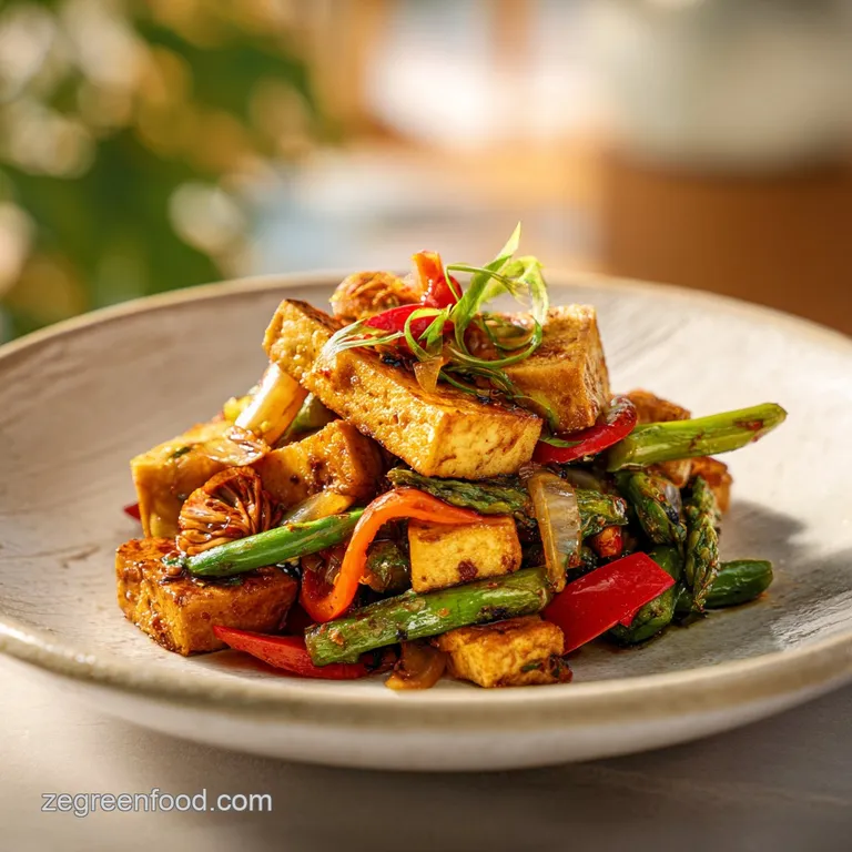 Crisp tofu and colorful veggies artfully arranged on a white plate, topped with sesame seeds and fresh scallions, ready to...