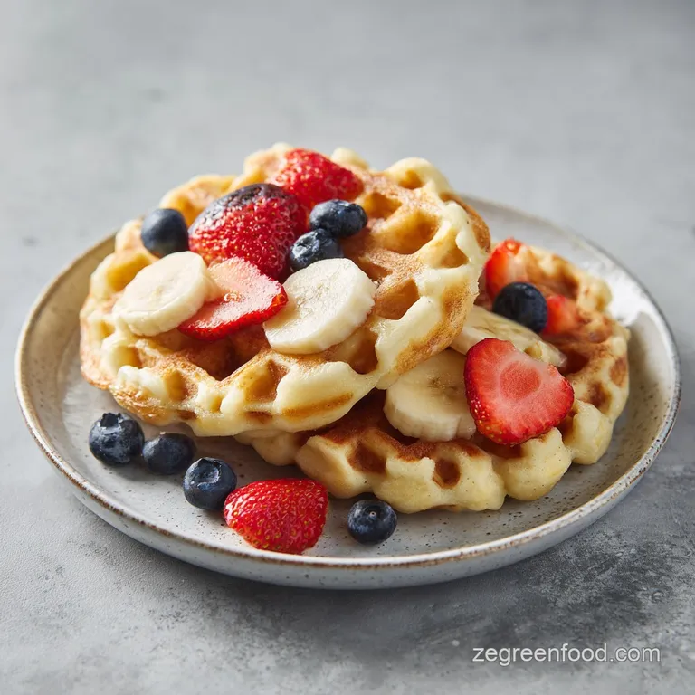 Crispy vegan waffles artfully arranged on a white plate, adorned with fresh fruit and a dusting of powdered sugar.