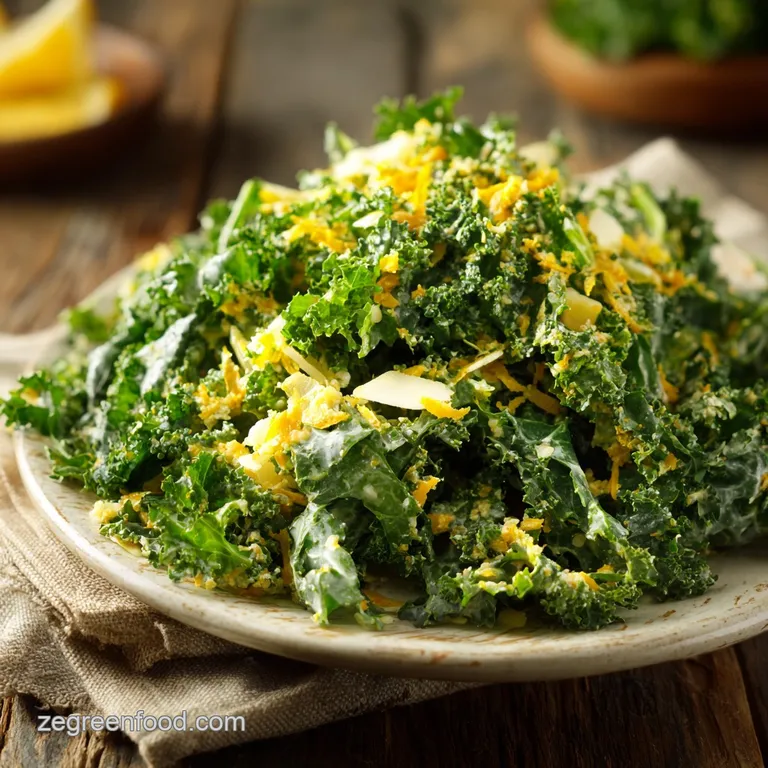 A vibrant kale salad with toasted nuts and juicy cranberries is elegantly presented in a white bowl, drizzled with lemon d...