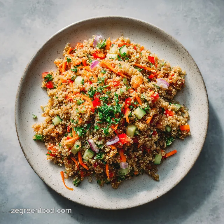 A beautifully arranged bowl of Thai quinoa salad, showcasing bright vegetables, toasted nuts, and a refreshing citrus vina...