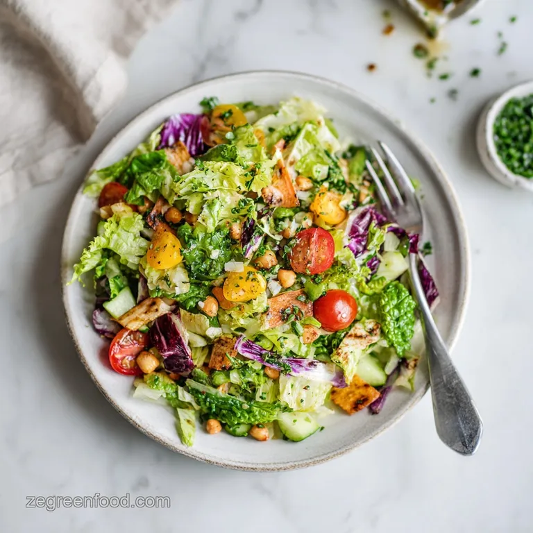 Artfully arranged salad with colorful rows of chopped veggies, microgreens, and a tangy dressing drizzle on a white plate.
