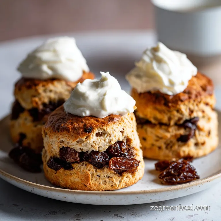 Flaky date scones arranged on a rustic board, a clotted cream pot beside them.