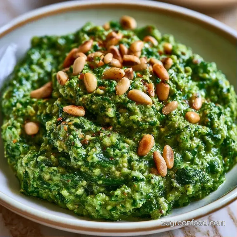 A swirl of bright green sauce on a white plate with a sprig of fresh herbs and a sprinkle of toasted pine nuts.