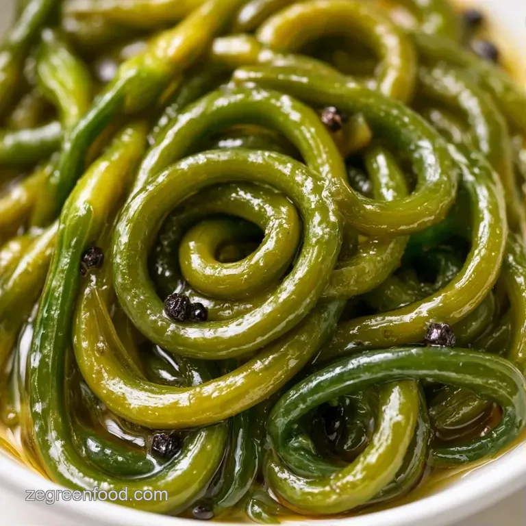 Crisp, curly green stalks piled high on a matte white plate, glistening with vinegar and paired with peppercorns.
