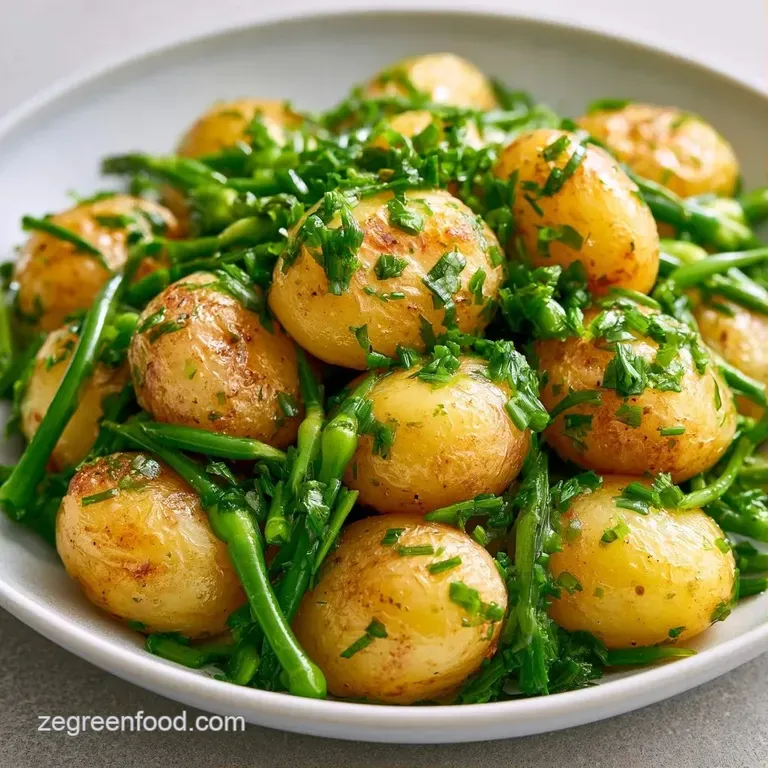 Golden potato cubes and vibrant green scapes arranged in a white bowl with a drizzle of olive oil and fresh herbs.