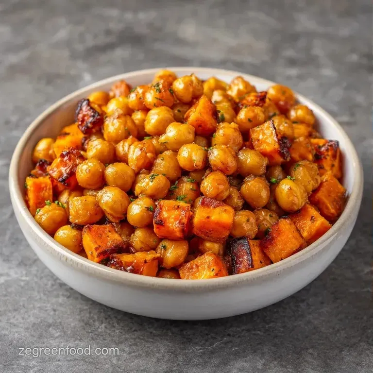 Golden chickpeas and colorful roasted vegetables neatly arranged over fluffy quinoa with a drizzle of cream.