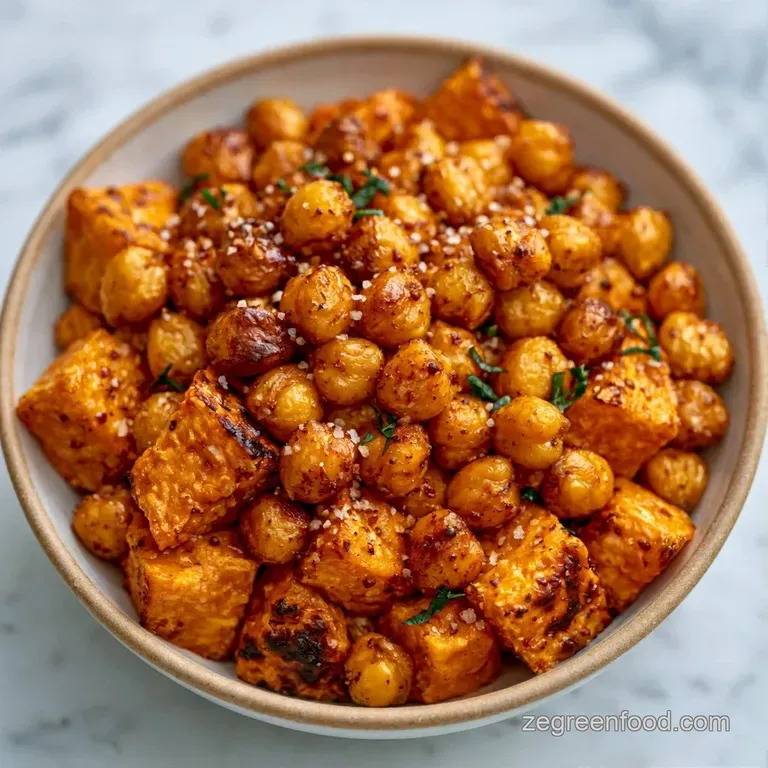 Vibrant roasted vegetables and golden grains arranged neatly in a glass container with a drizzle of creamy tahini.