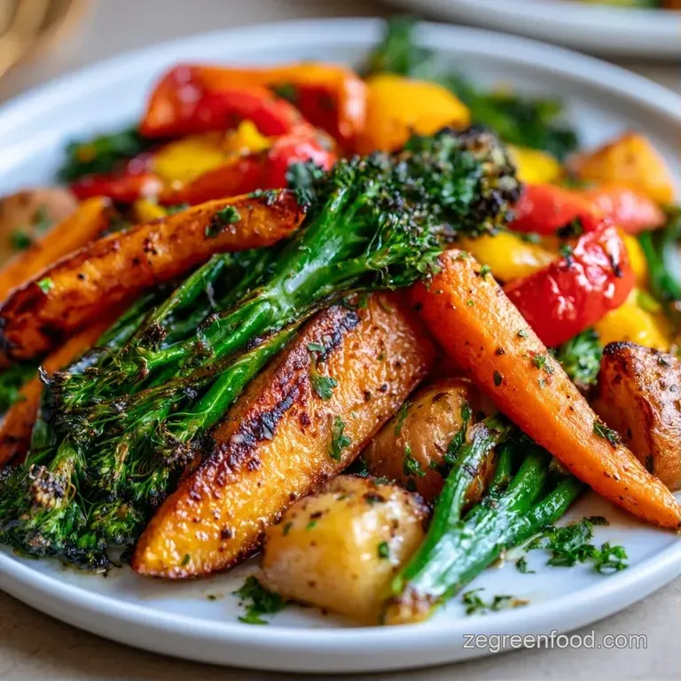 A heap of colorful roasted vegetables on a white ceramic plate, topped with fresh parsley and a lemon wedge.