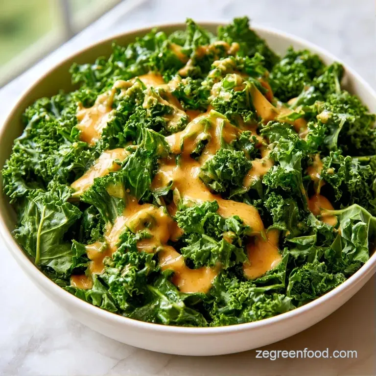 A sleek glass jar of amber dressing beside a bowl of crisp kale topped with red pomegranate seeds and apple.