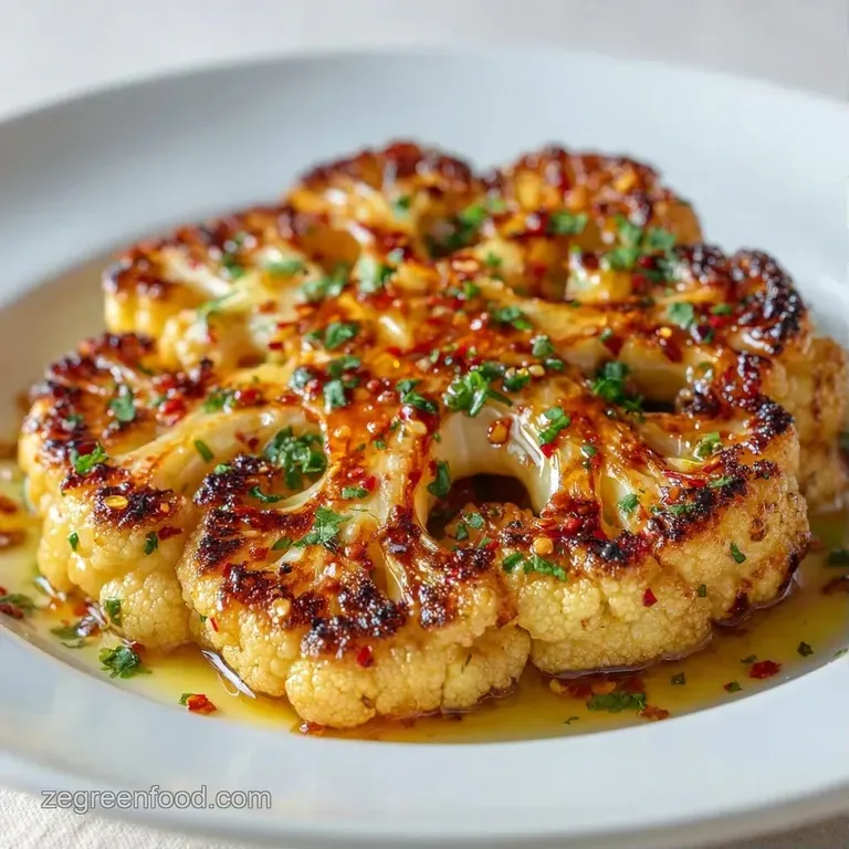 A thick, seared vegetable slice centered on a white plate over a smooth, creamy swirl of sauce and microgreens.