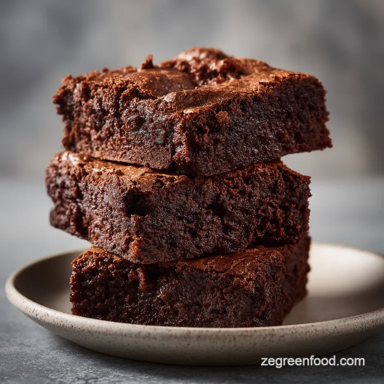 A single, glistening brownie square on a white plate, its moist interior exposed, dusted with cocoa and adorned with a fre...