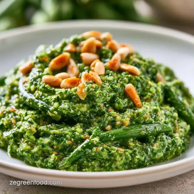 A swirl of bright green herbed sauce atop al dente pasta, garnished with shaved parmesan and cracked black pepper.