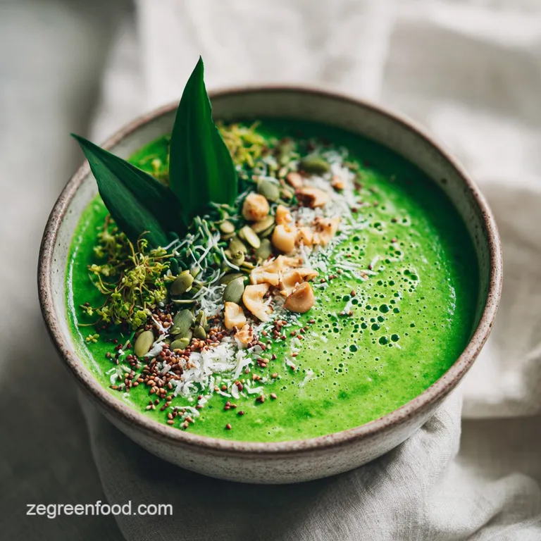 Artfully arranged nourish bowl featuring glistening green sauce drizzled over fresh vegetables and grains.