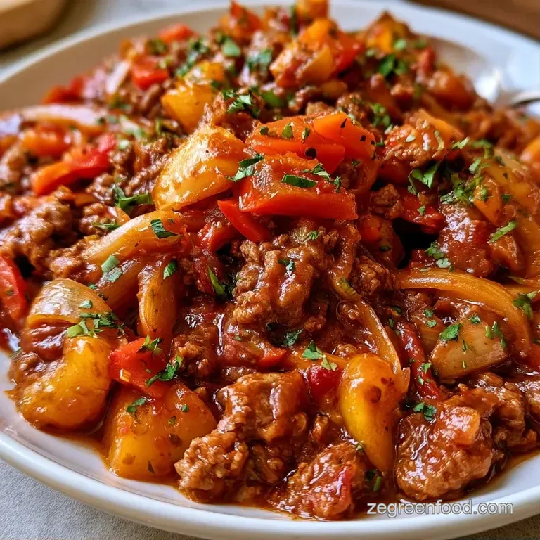 A heap of savory browned beef and vibrant sliced peppers served on a white ceramic plate with a sprig of parsley.