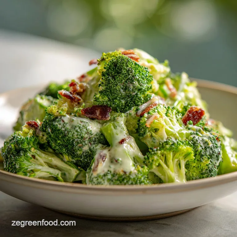 A spoonful of bright green broccoli salad with a glistening, creamy dressing served on a white plate, ready to be enjoyed.